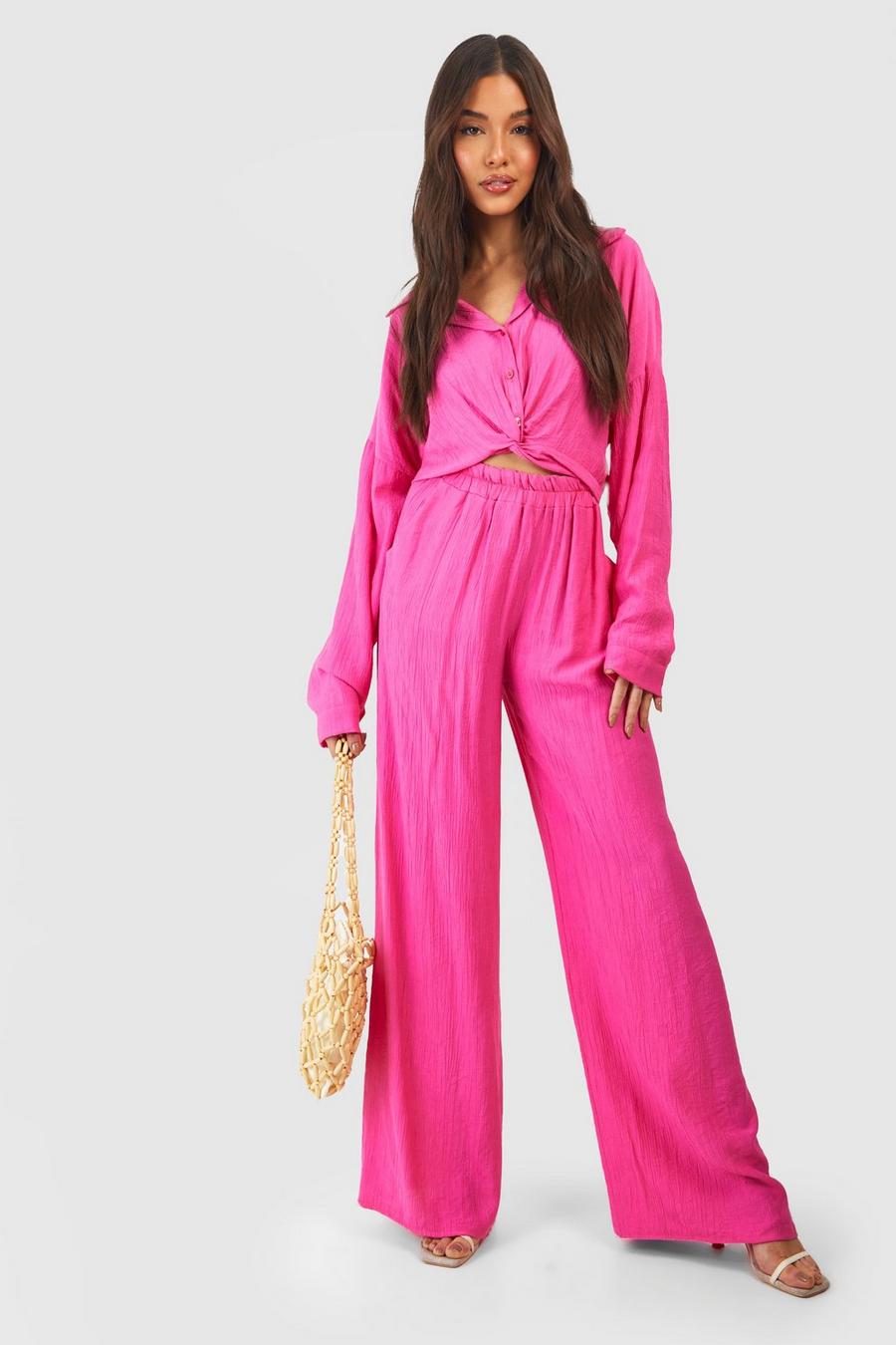 Hot pink Crinkle Relaxed Fit Wide Leg Trousers