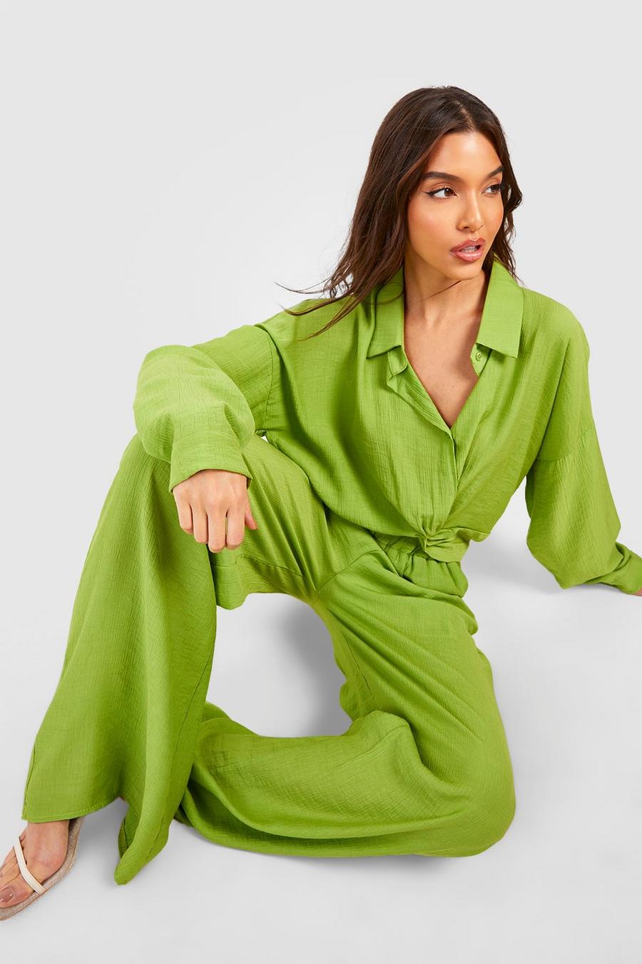 Chartreuse Crinkle Knot Front Cropped Shirt 