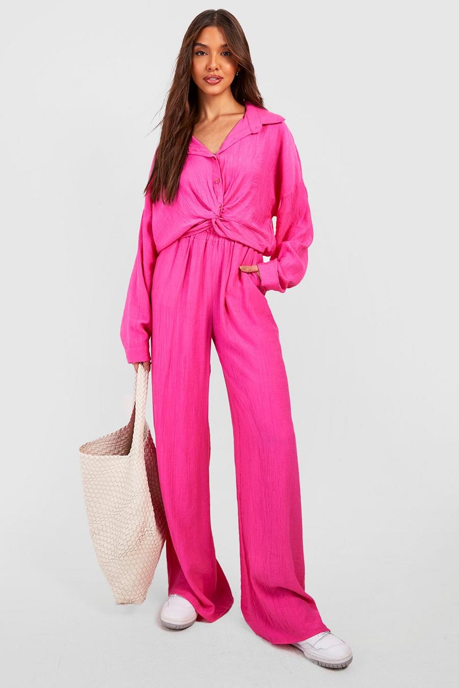 Hot pink Crinkle Knot Front Cropped Shirt 