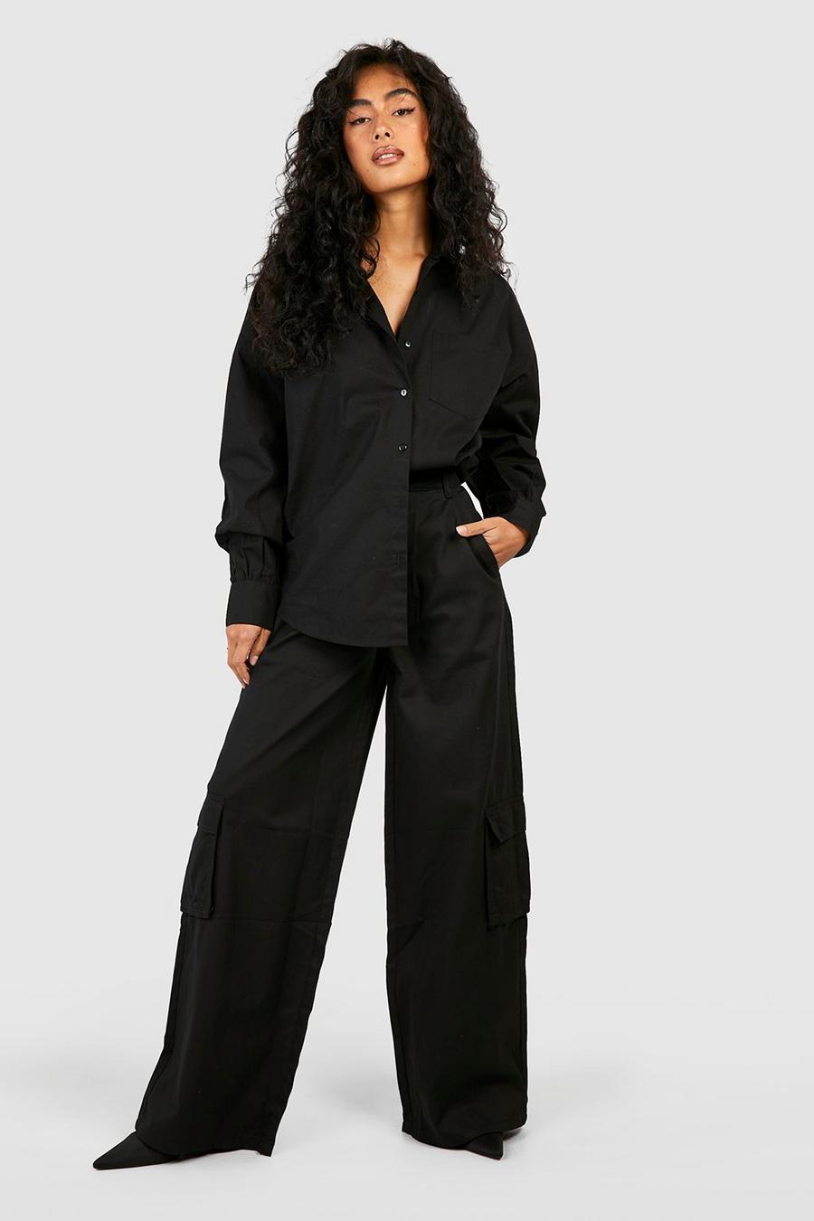 Black Relaxed Fit Twill Cargo Wide Leg Trousers