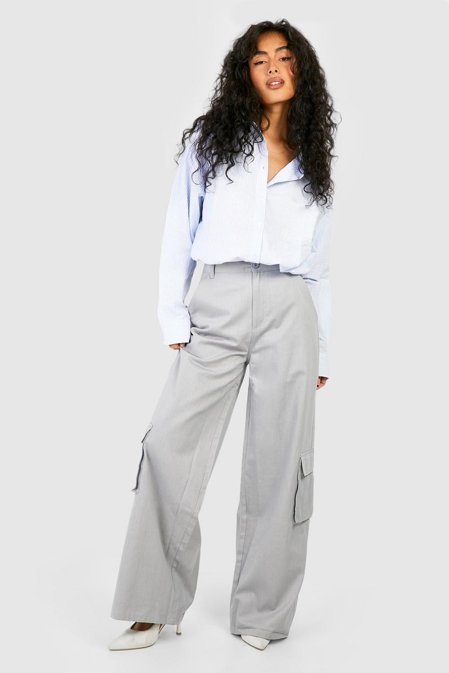 Grey Relaxed Fit Twill Cargo Wide Leg Pants