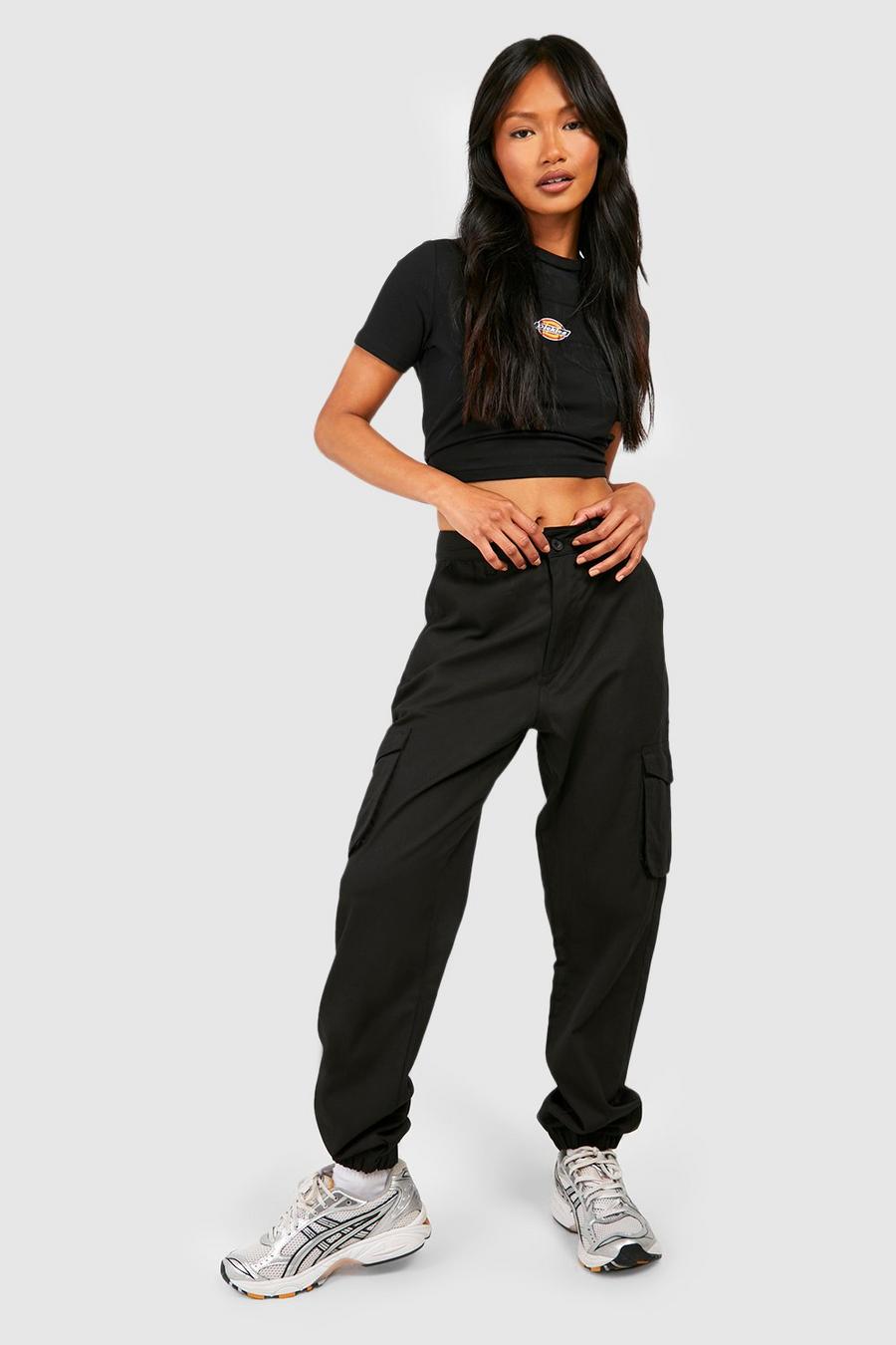 Black High Waisted Twill Cargo Joggers image number 1