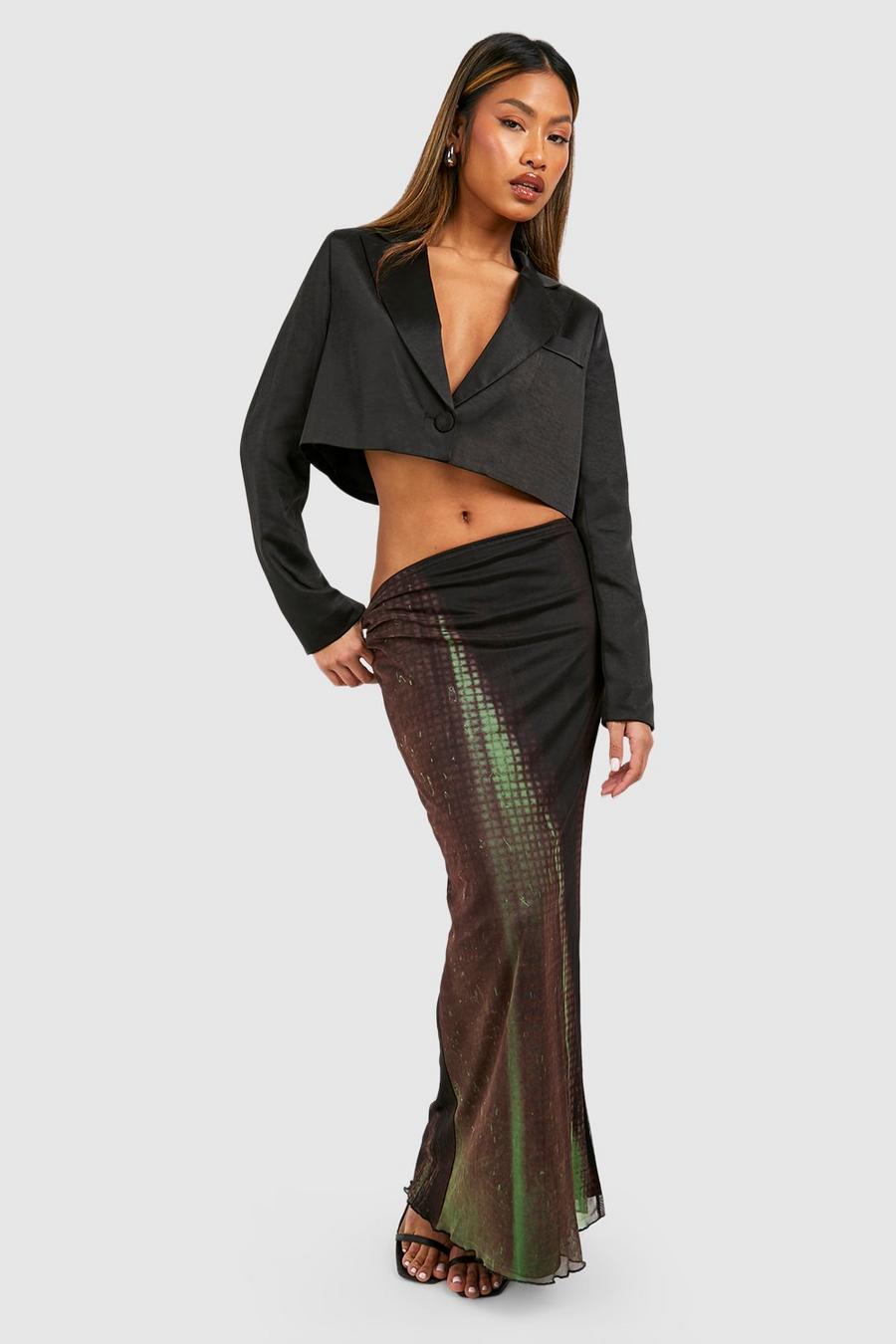 Green Mesh Maxi Rok Met Abstracte Opdruk