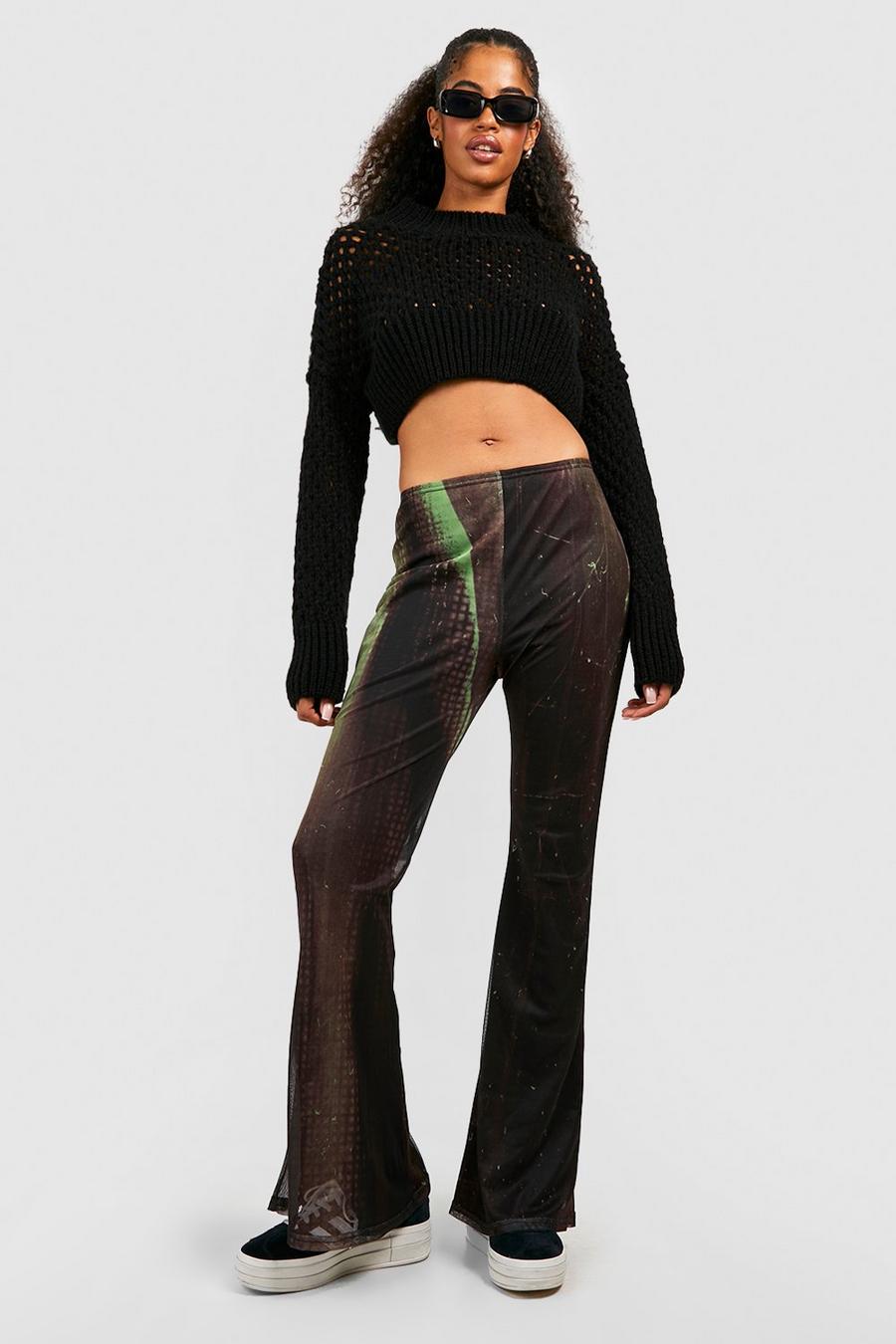Green Abstract Printed Mesh Flared Pants image number 1