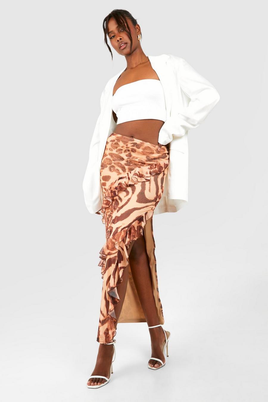 Tan Leopard Printed Mesh Ruffle Maxi Skirt