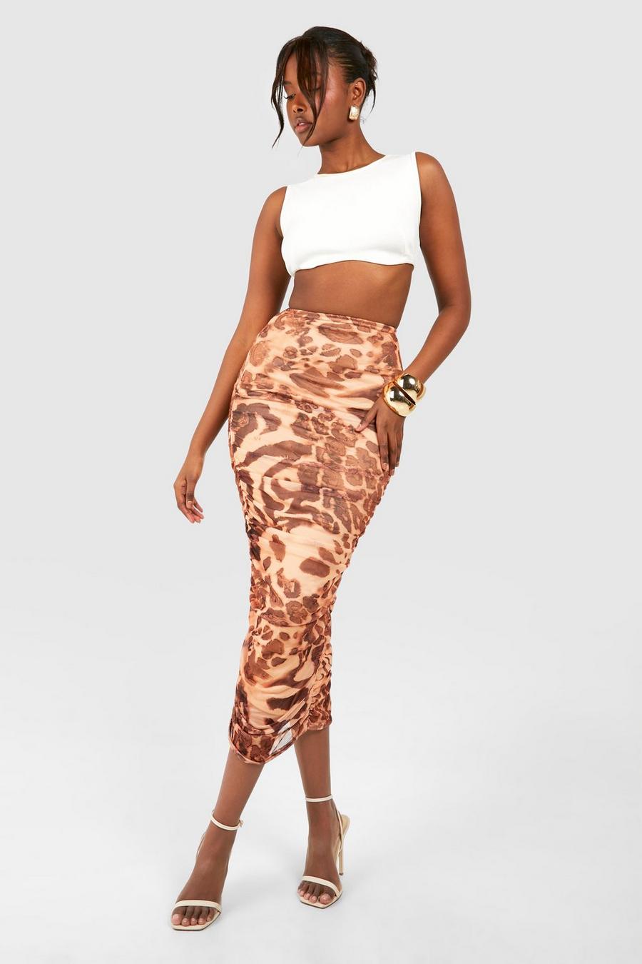 Tan Leopard Printed Mesh Ruched Midi Skirt