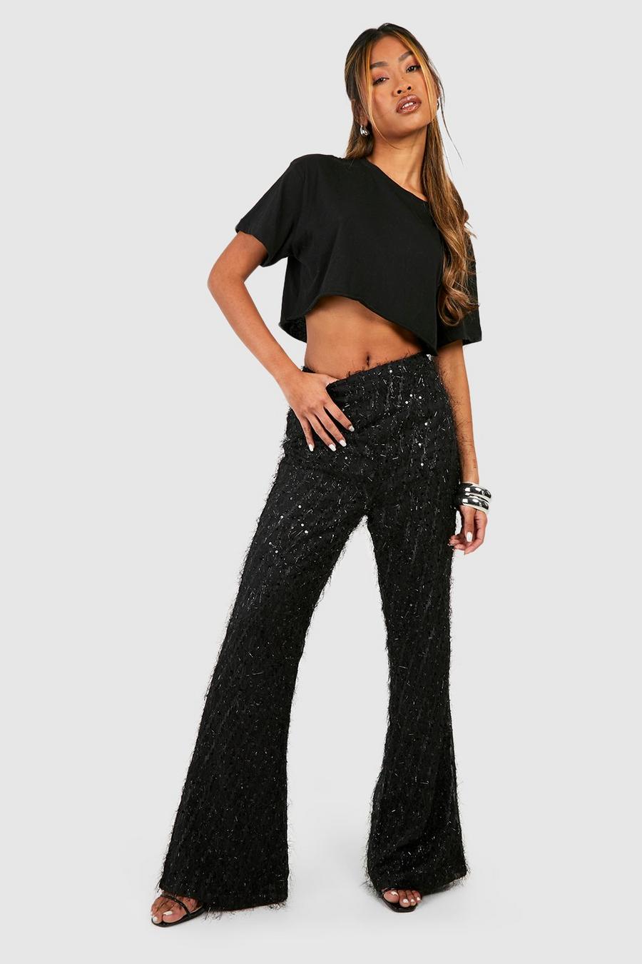Black Sequin Fringed Flared Trousers