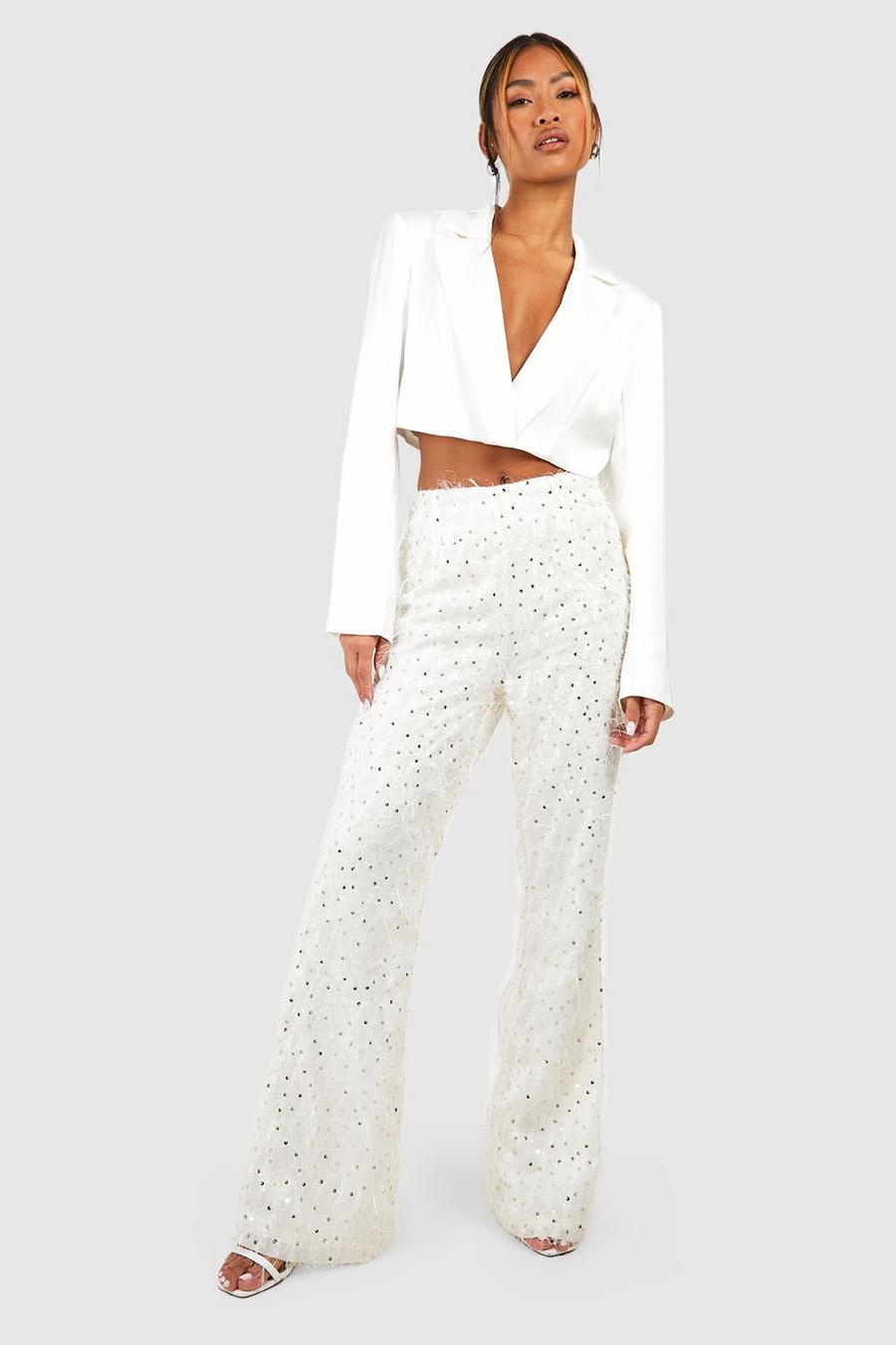 Ivory Sequin Fringed Flared Trousers