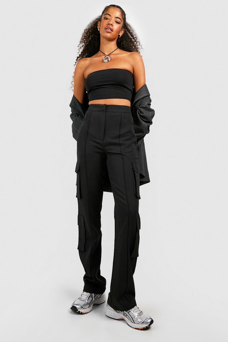 Black Luxe Tailored Cargo Flared Trousers
