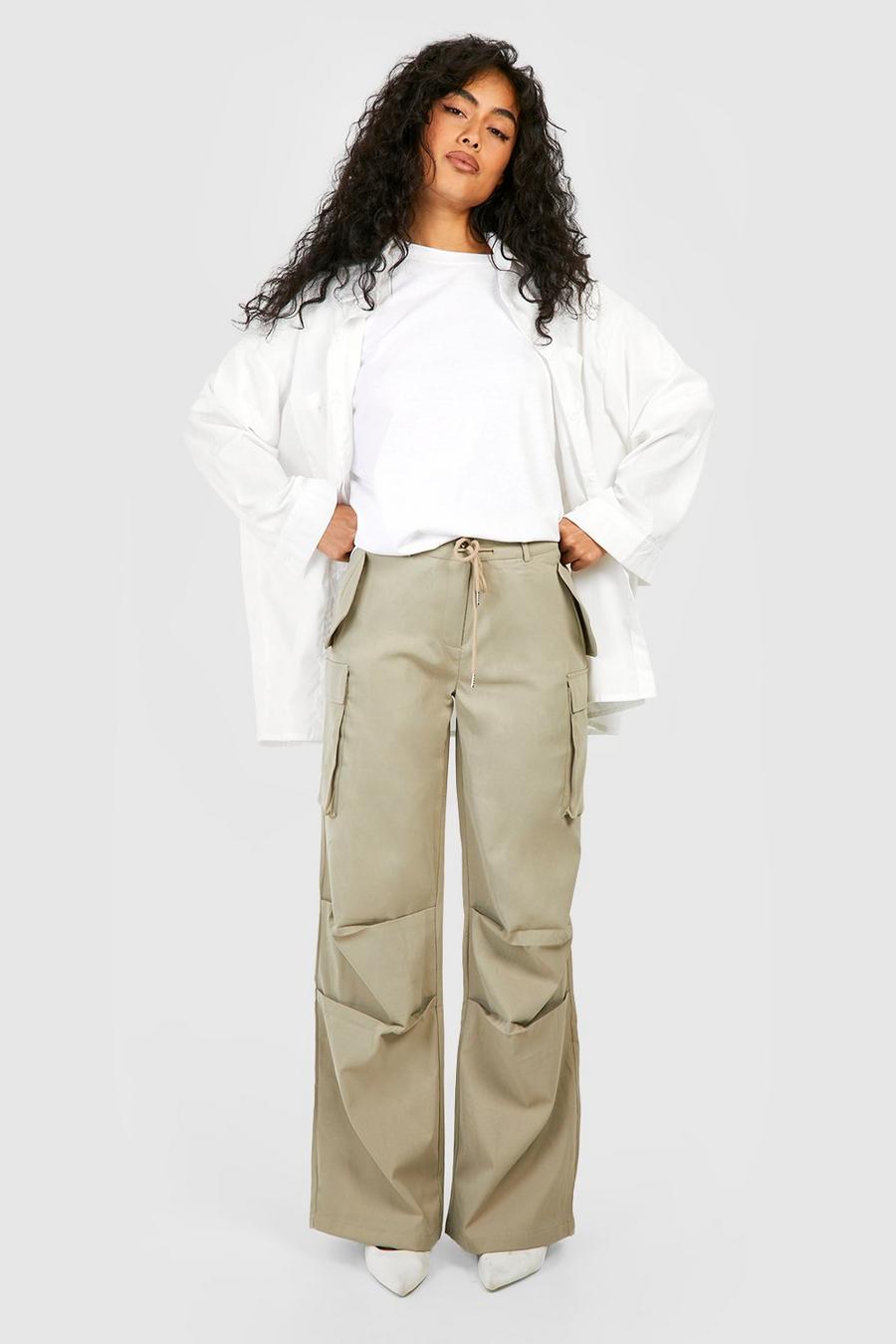 Washed khaki Drawcord Waist Multi Cargo Pocket Trousers