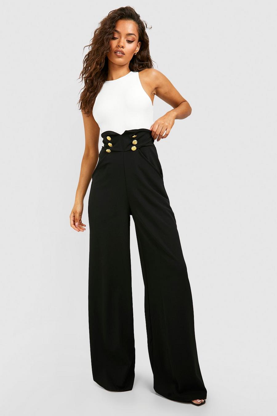 Black Button High Waisted Wide Leg Trousers
