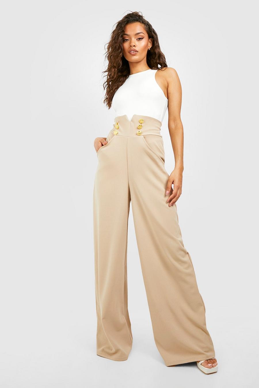 Stone Button High Waisted Wide Leg Trousers