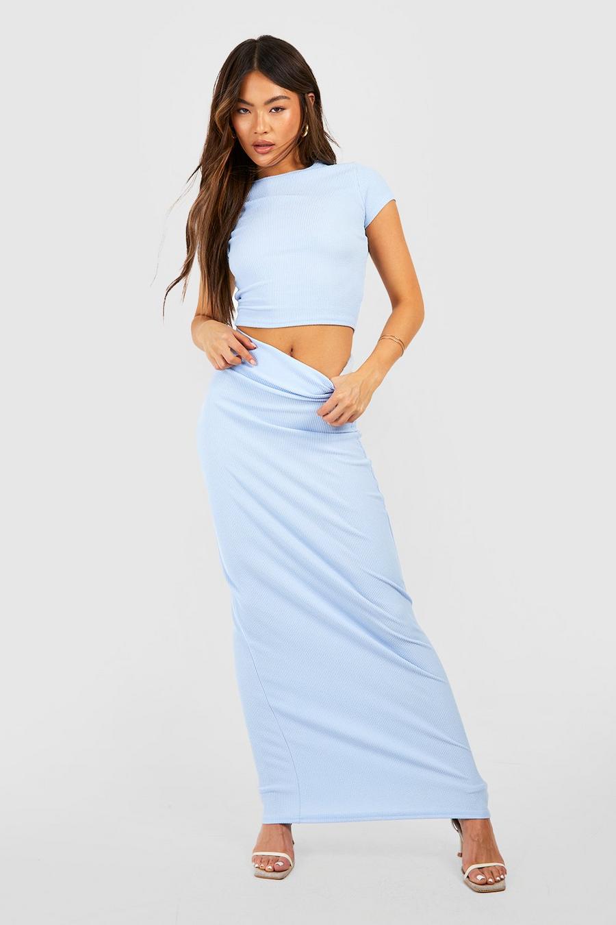 Blue Crinkle Rib Folded Waist Maxi Skirt