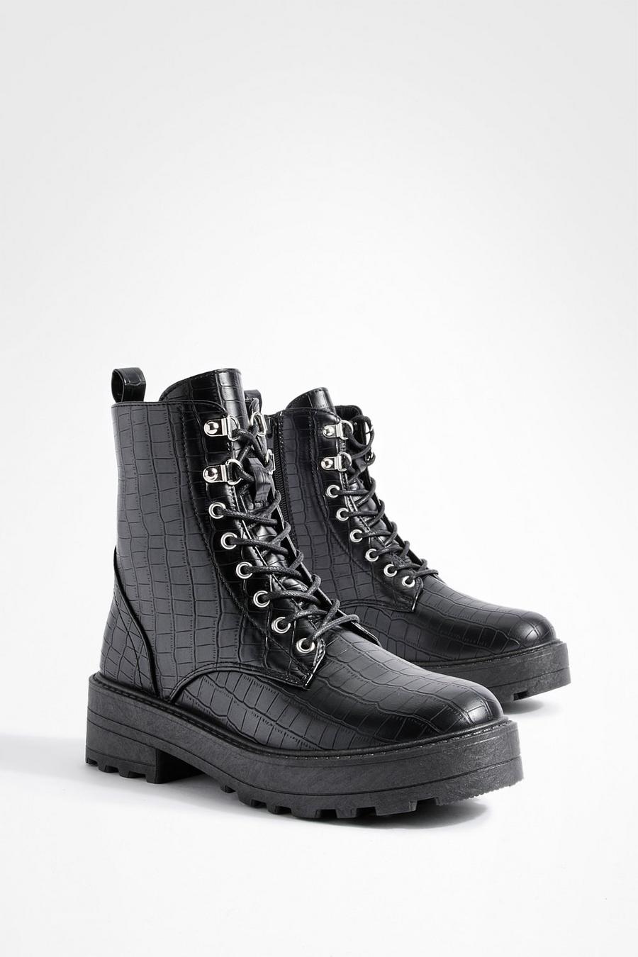 Black Croc Lace Up Chunky Combat Boots image number 1