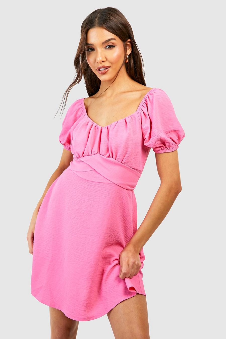 Pink Puff Sleeve Tie Detail Mini Dress