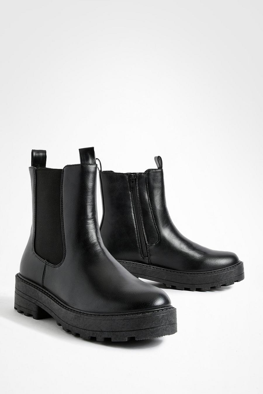 Black Wide Width Double Tab Detail Chunky Chelsea Boots