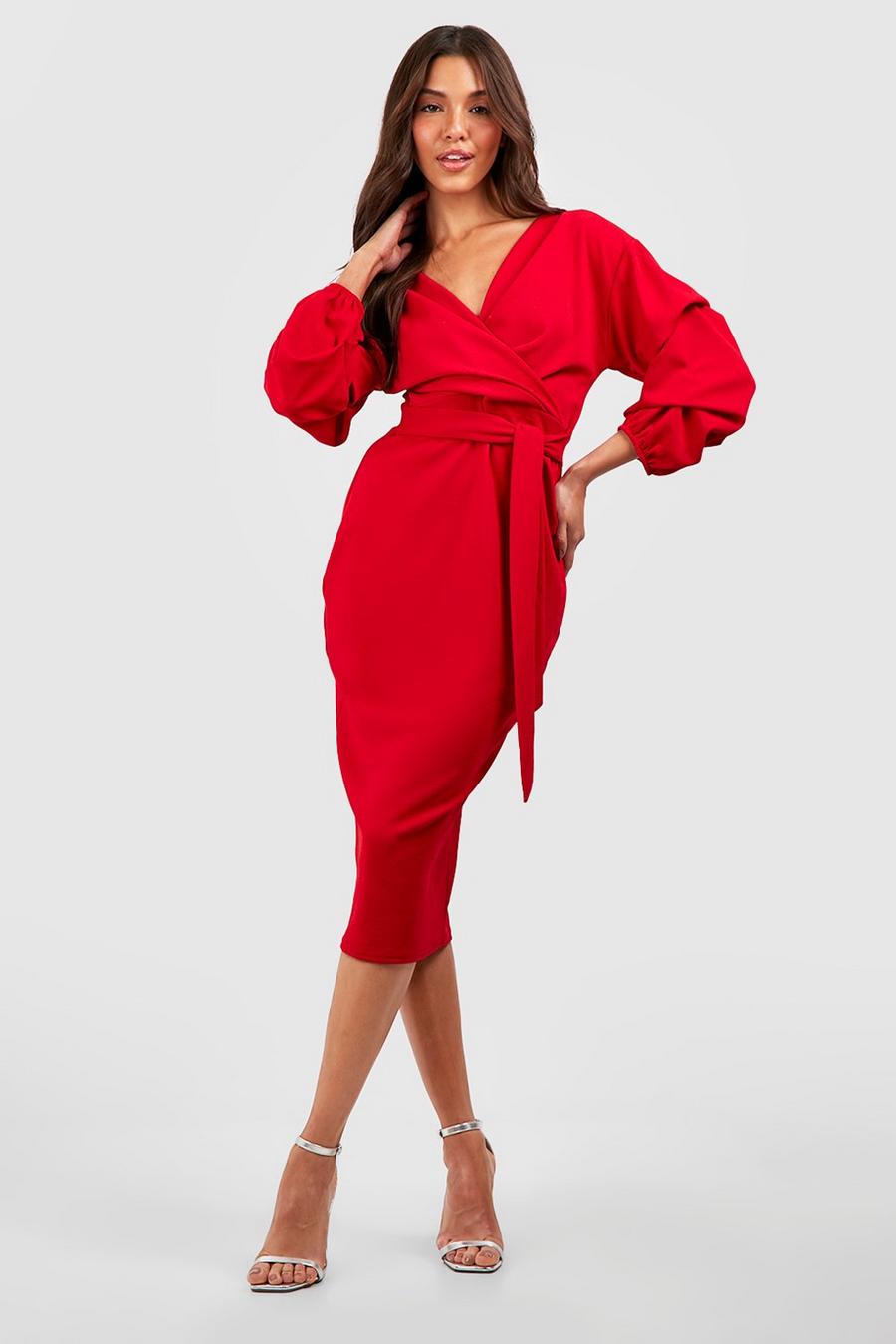 Red Ruched Sleeve Wrap Midi Dress image number 1