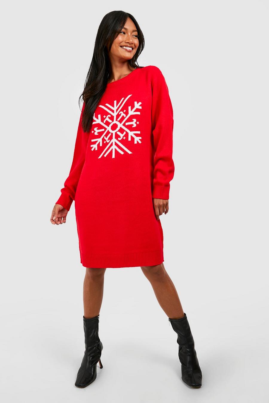 Vestido jersey navideño con copos de nieve, Red image number 1