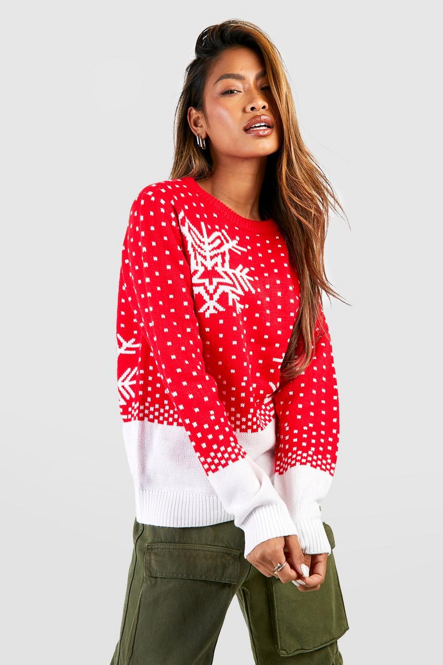 Red Vintage Snowflake And Snow Christmas Jumper image number 1