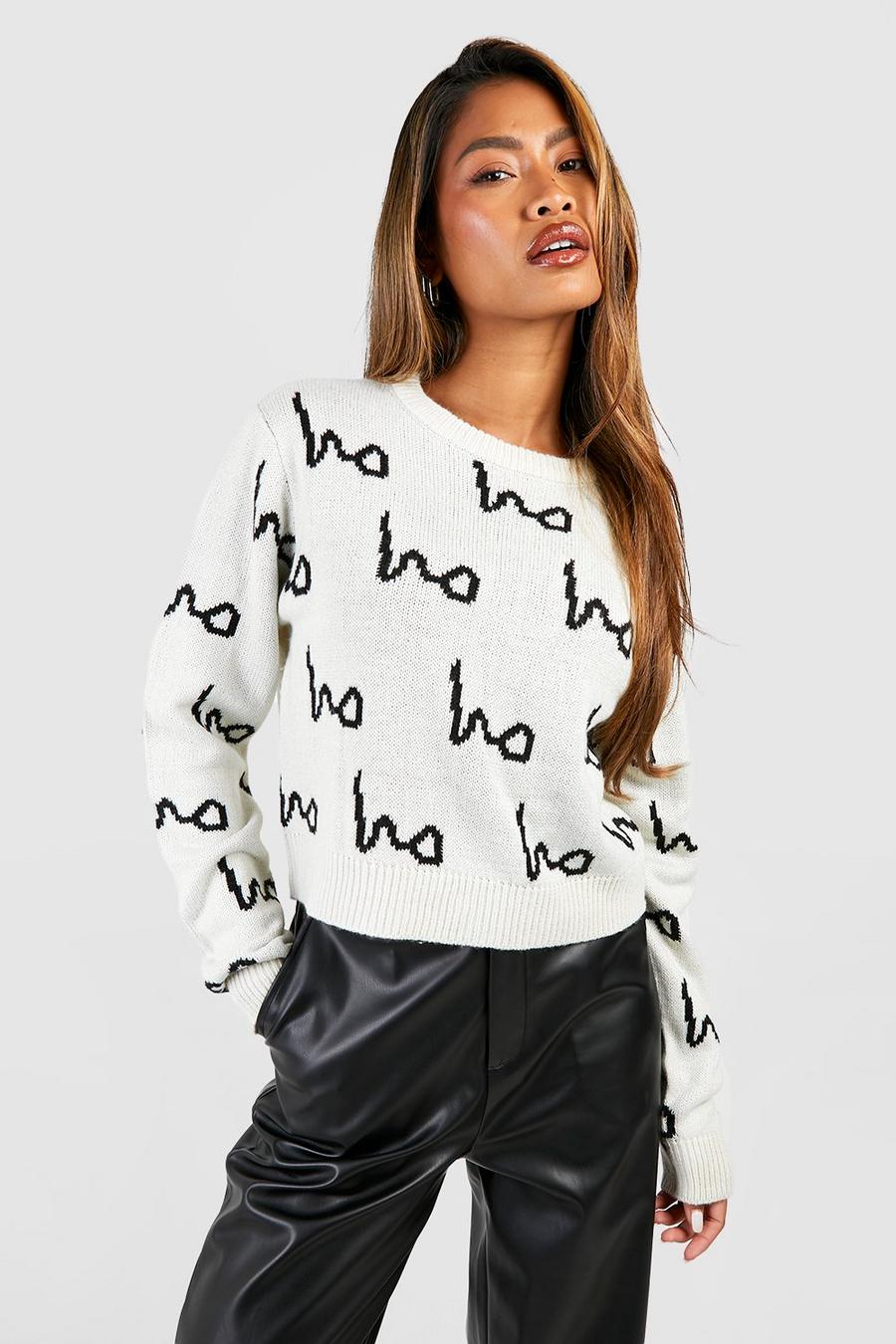 Cream Ho Ho Ho All Over Print Crop Christmas Sweater