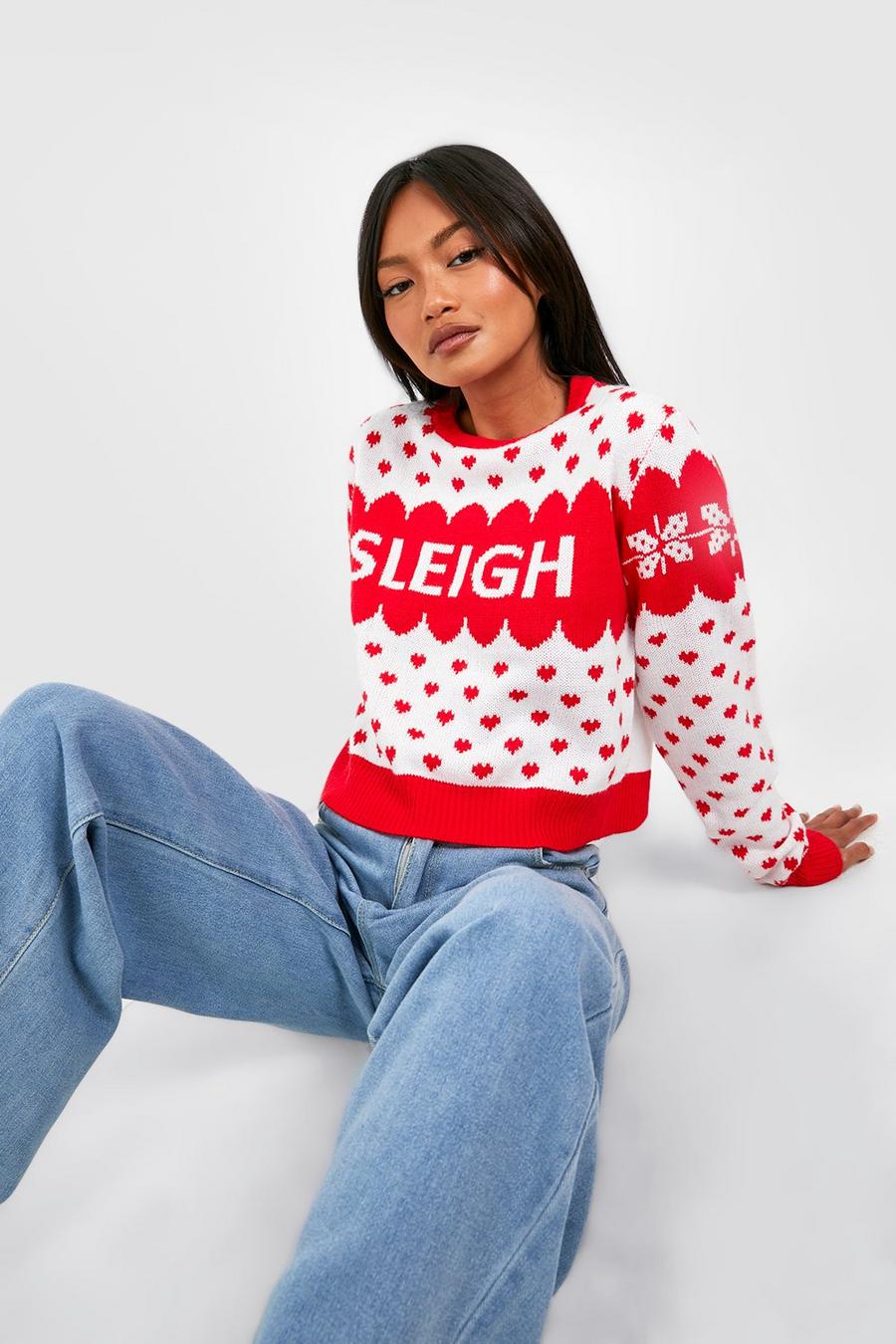 Maglione natalizio corto in colori pastello con scritta Sleigh, Red