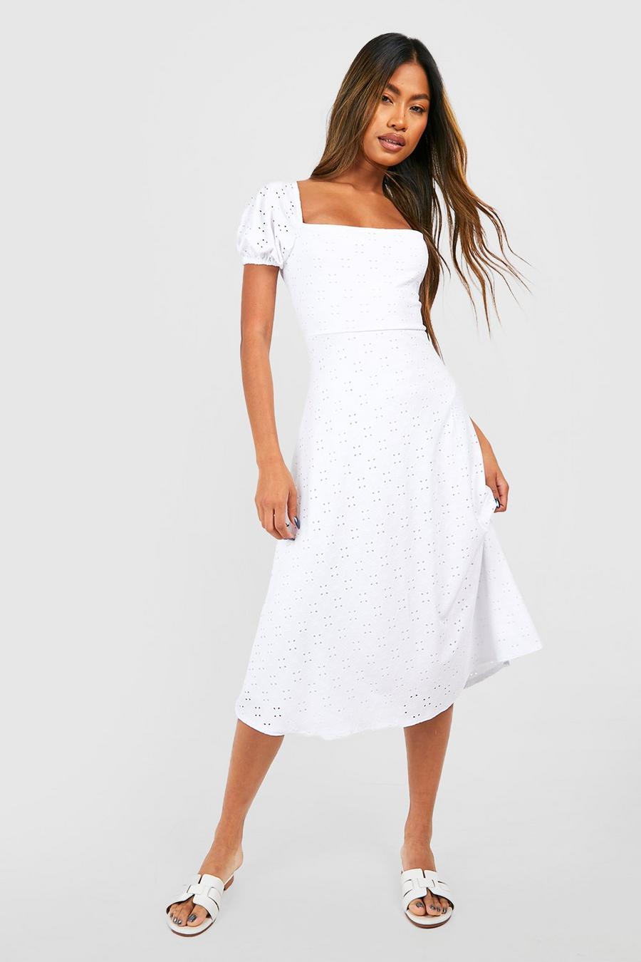 White Soft Broderie Puff Sleeve Midi Dress