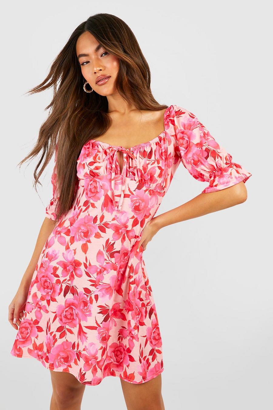 Vestido de verano con mangas abullonadas y estampado de flores, Pink