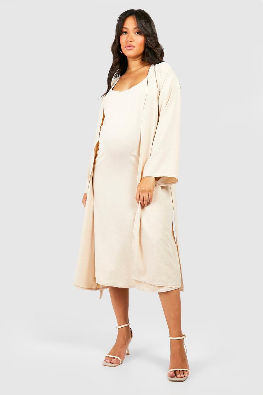 Maternité - Robe de grossesse mi-longue texturée avec kimono à ceinture, Stone
