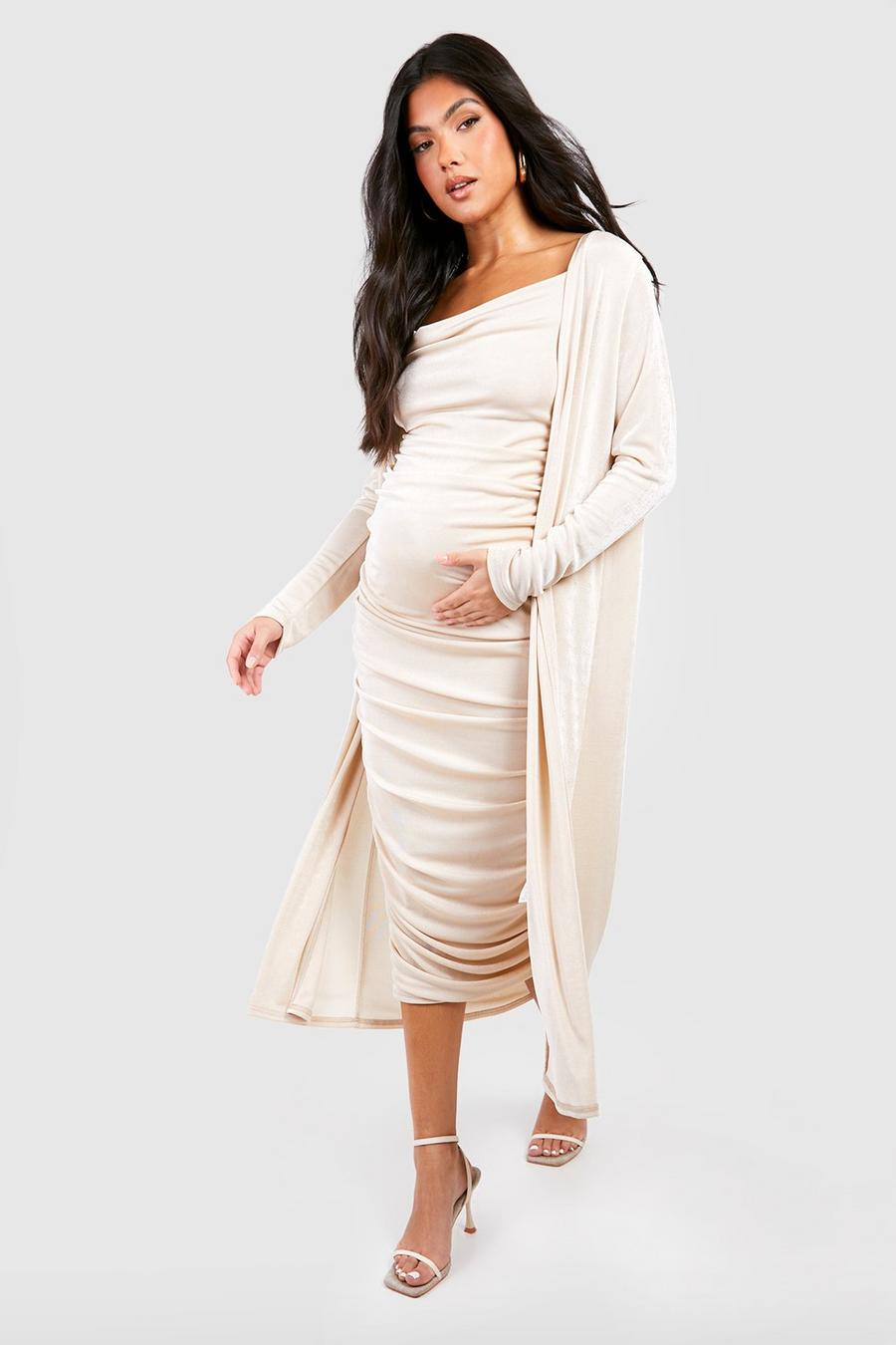 Nude Maternity Strappy Cowl Neck Dress And Duster Coat
