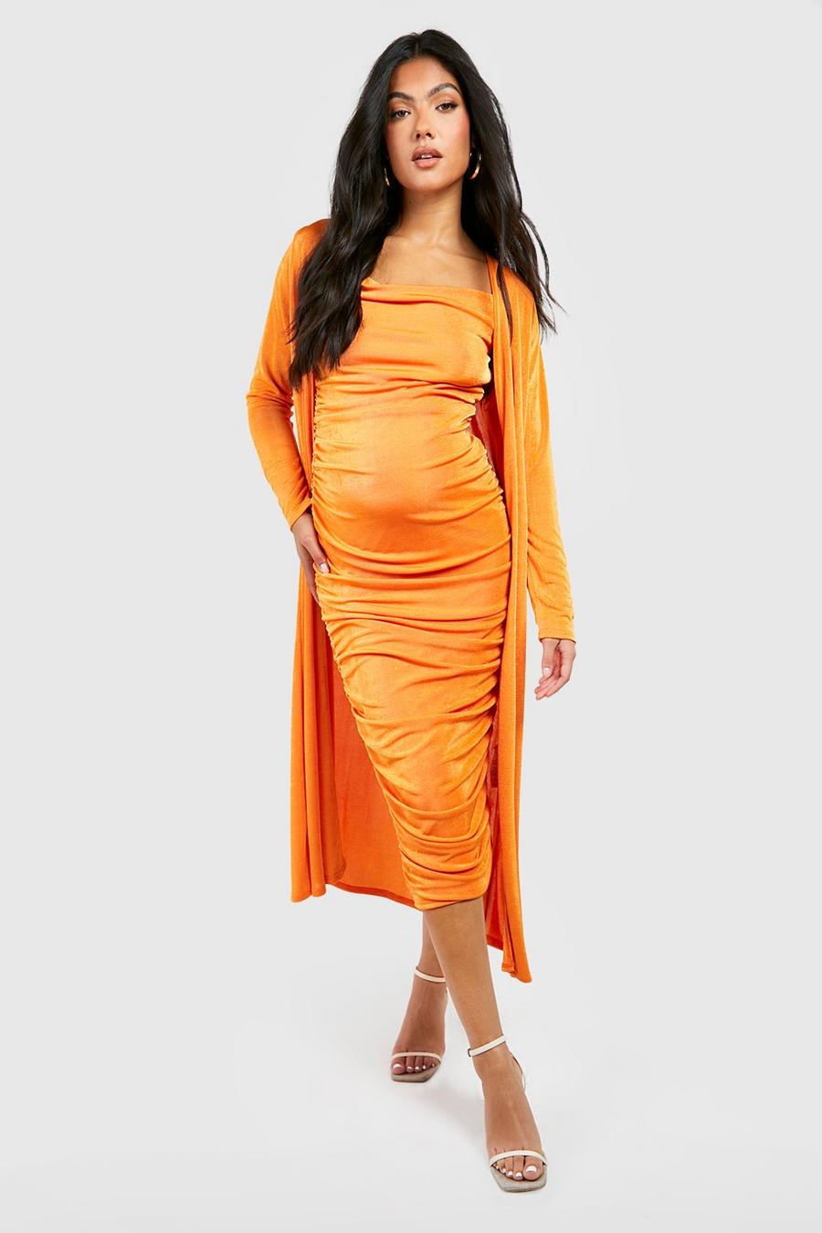 Orange Maternity Strappy Cowl Neck Dress And Duster Coat