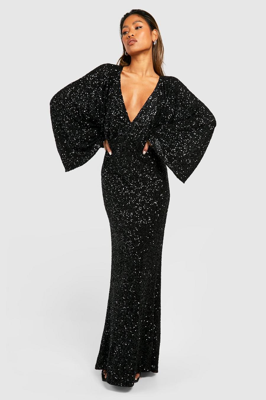 Black Sequin Angel Sleeve Maxi Dress image number 1