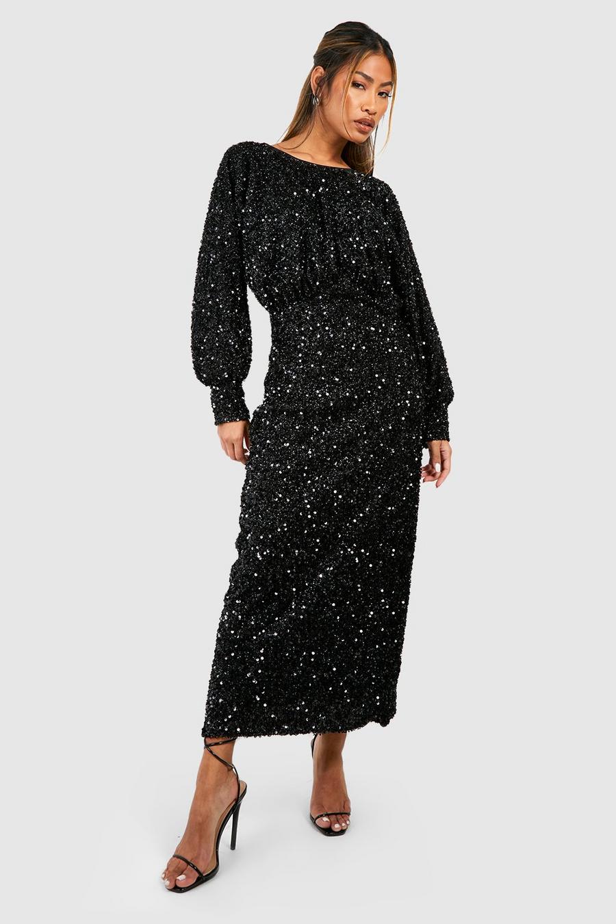 Black Velvet Sequin Sparkle Midi Dress