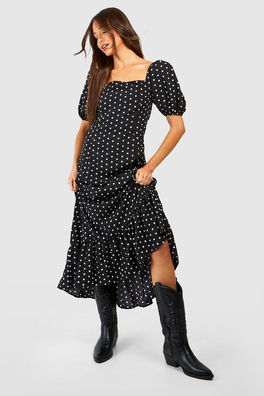 Black Polka Dot Puff Sleeve Midi Dress