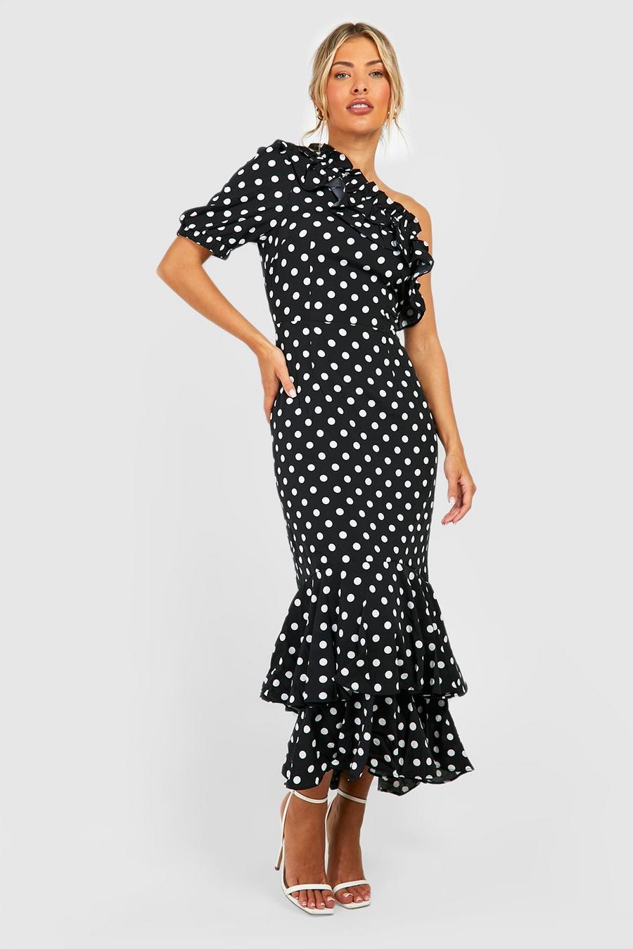 Black Polka Dot Ruffle Midi Dress image number 1