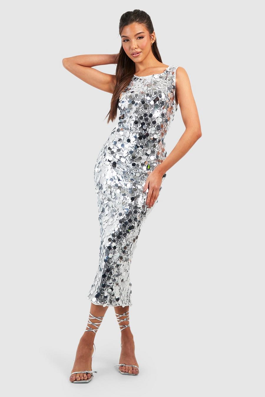 Silver Sequin Disc Low Back Midaxi Dress