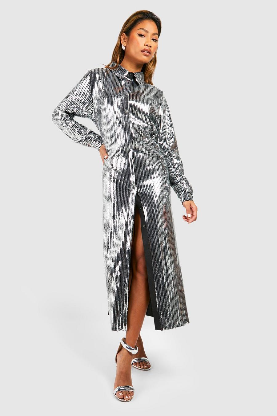 Silver Sequin Midi Shirt Dress