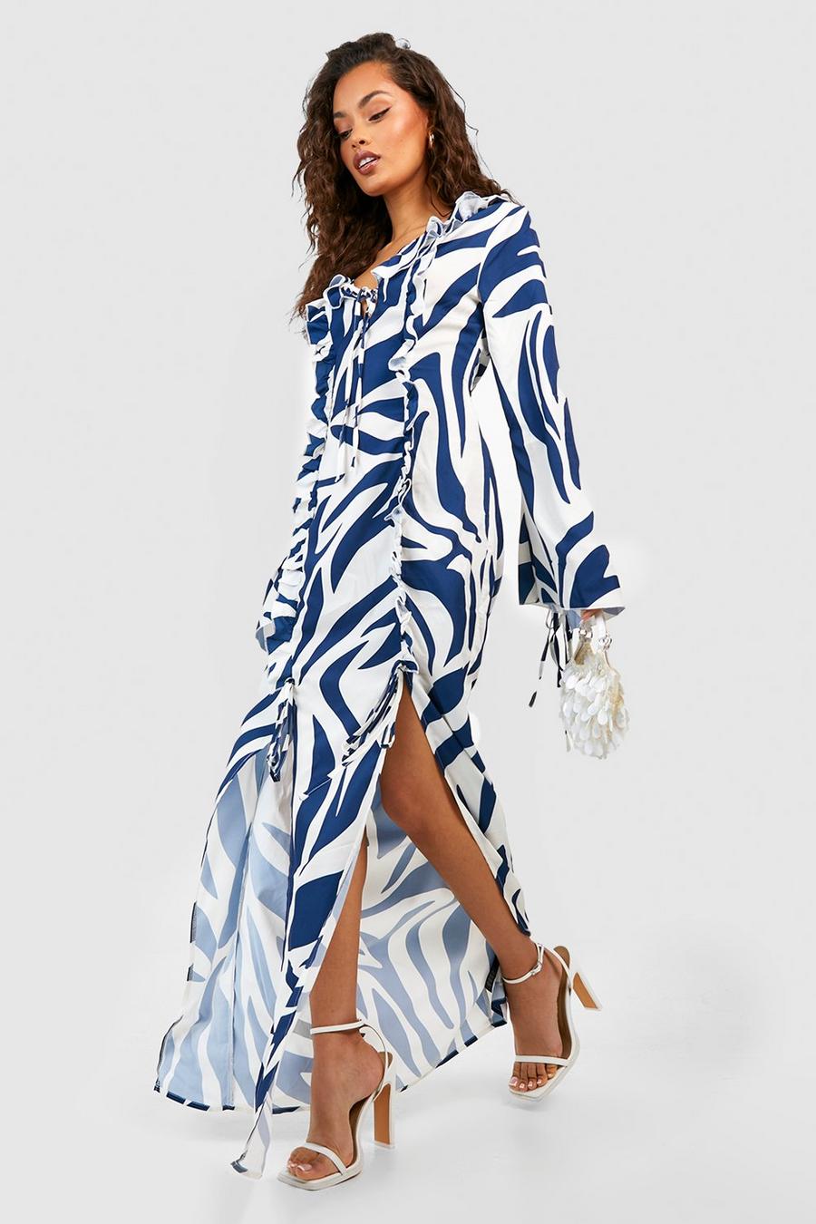 Blue Zebra Ruffle Detail Maxi Dress
