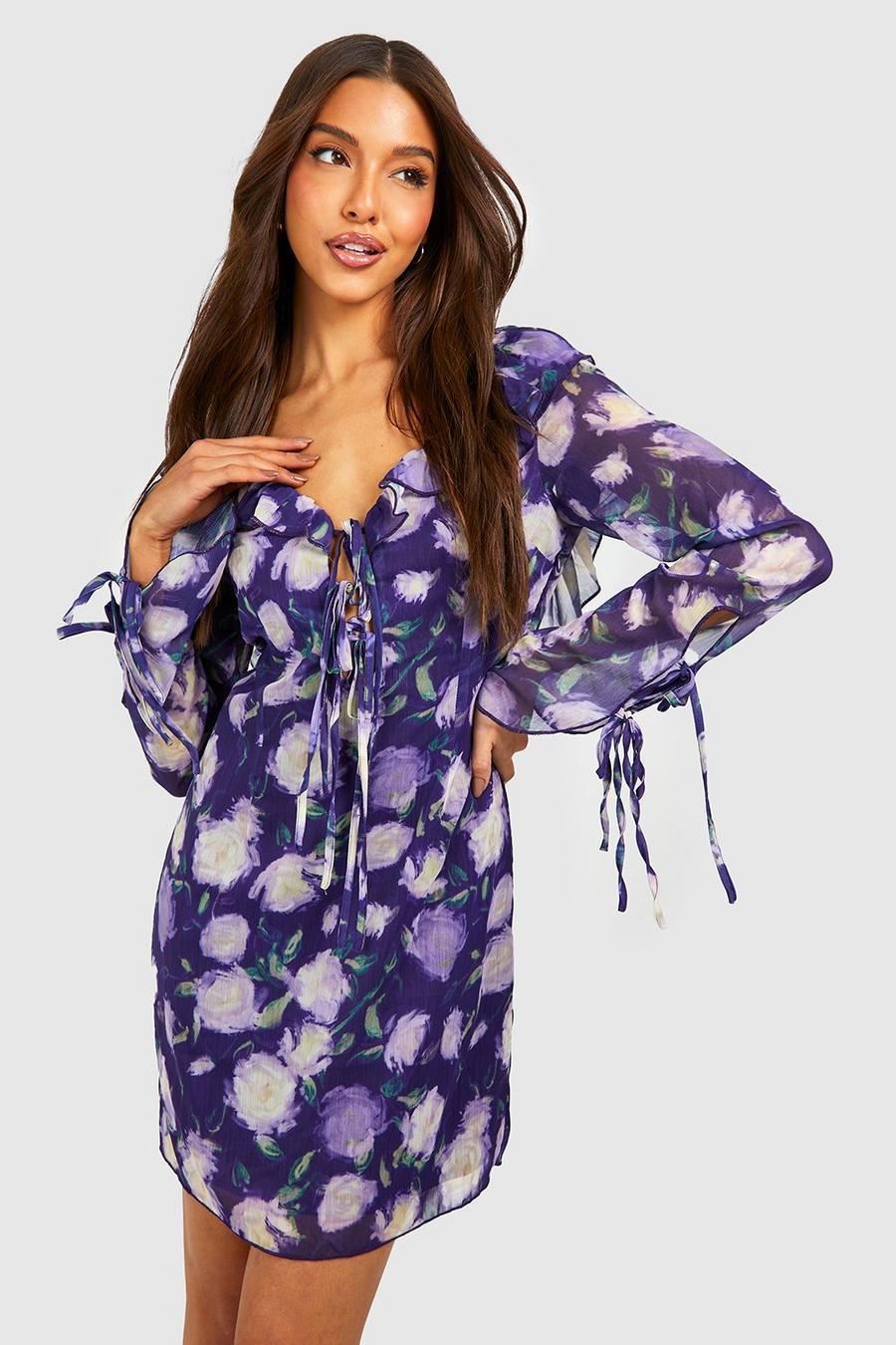 Vestido mini drapeado de chifón con estampado de flores, Purple