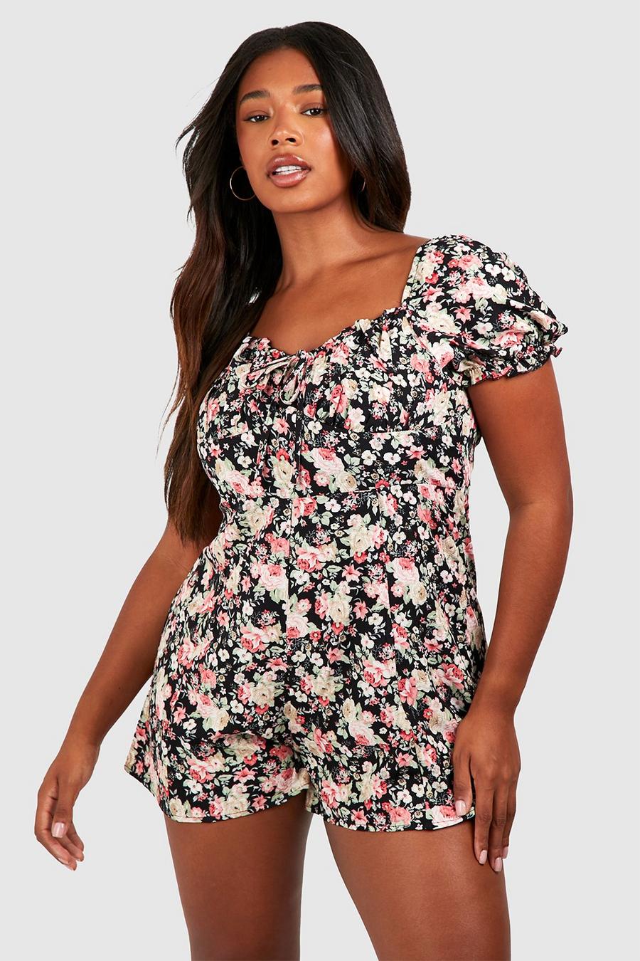 Black Plus Floral Print Ruched Sweetheart Playsuit image number 1