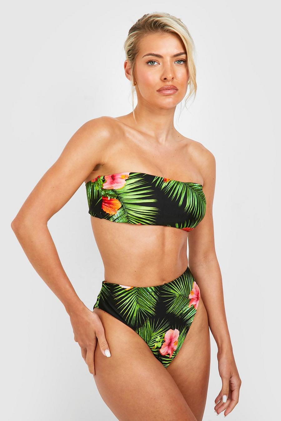 Black Tropical Bandeau Bikini Set