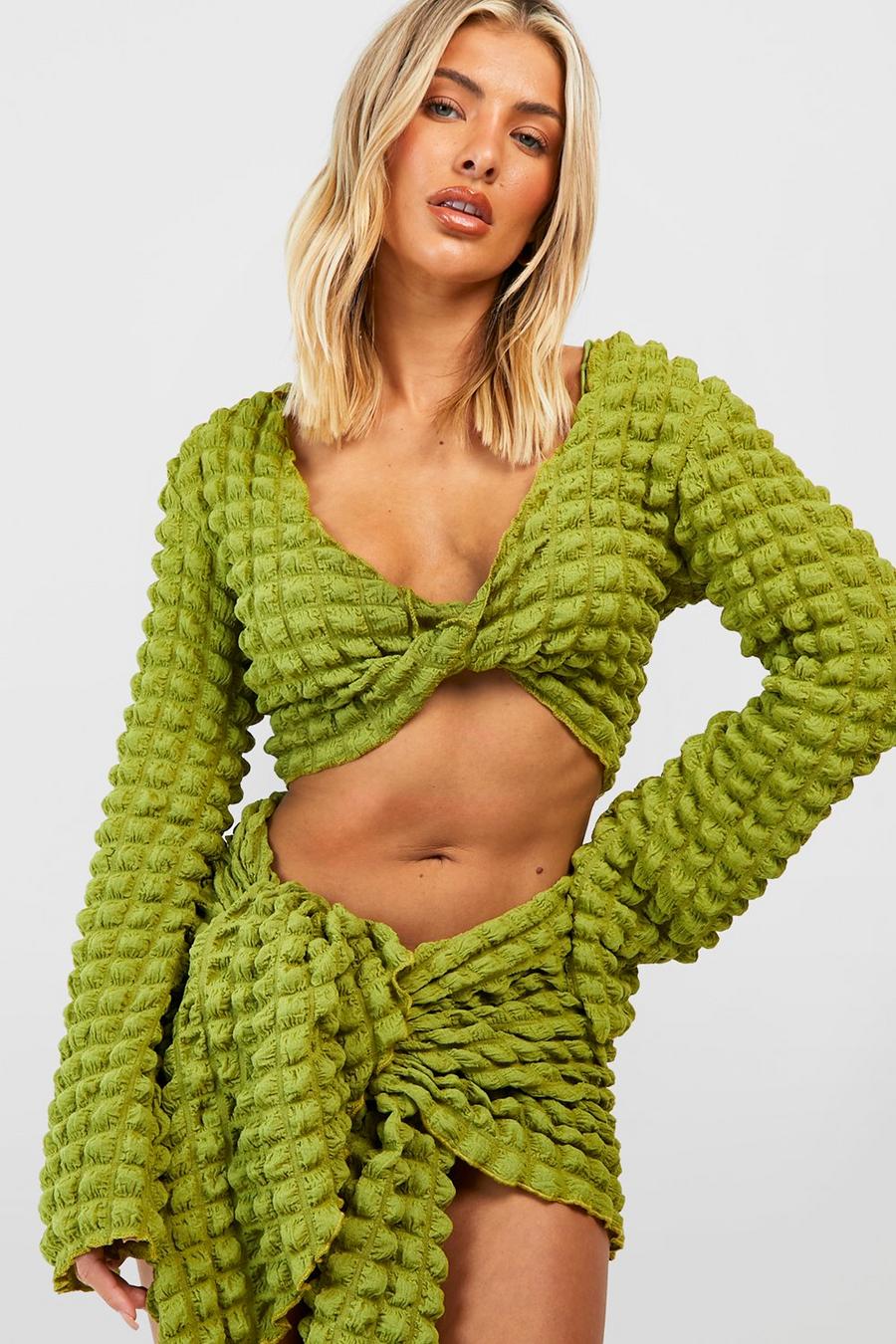 Olive Bubble Texture Long Sleeve Beach Top