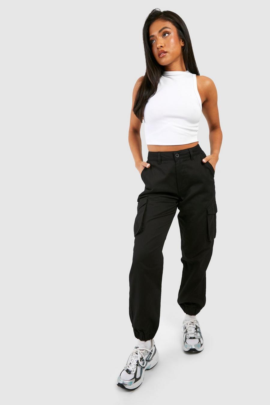 Black Petite High Waisted Twill Cargo Track Pants