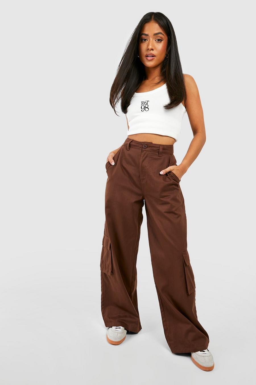 Chocolate Petite Relaxed Fit Twill Cargo Wide Leg Pants