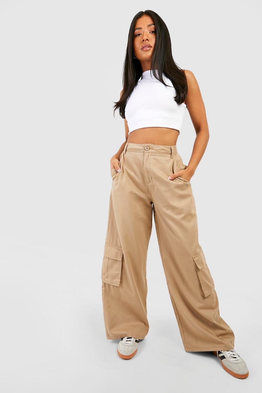 Taupe Petite Relaxed Fit Twill Cargo Wide Leg Pants