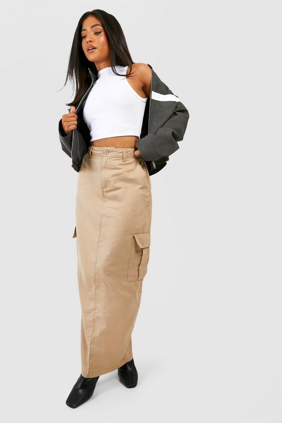 Taupe Petite High Waisted Twill Cargo Midaxi Skirt