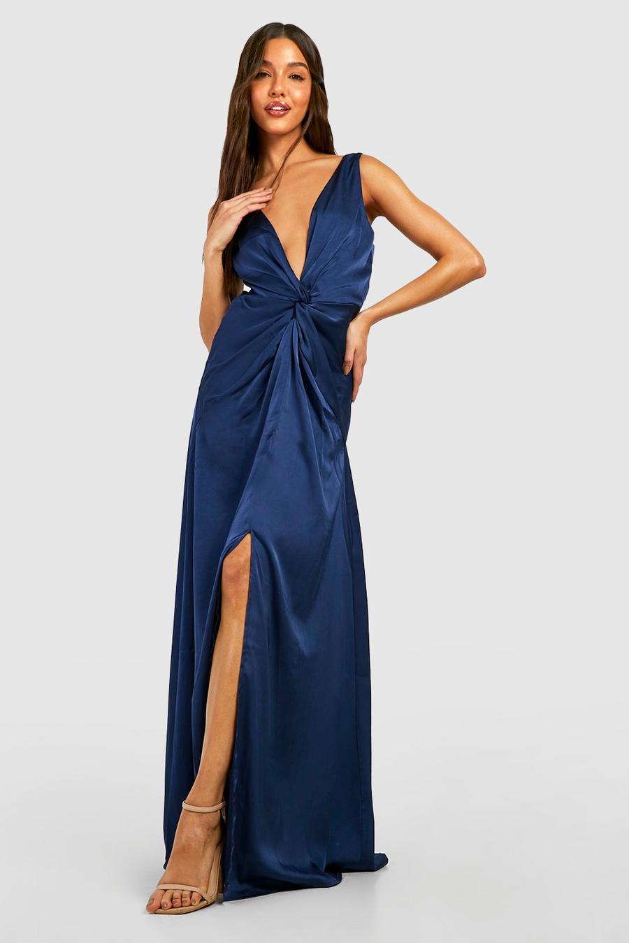 Vestido maxi de raso con nudo y abertura, Navy