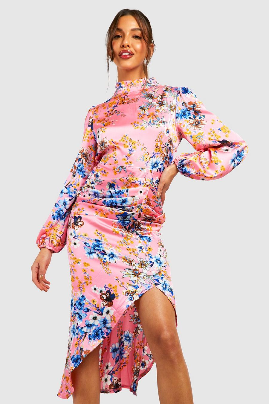 Blush Floral Print High Neck Ruched Midi Dress