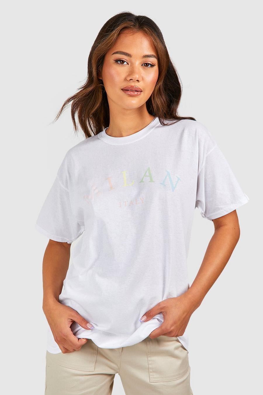 T-shirt oversize con stampa Milan in colori arcobaleno, White