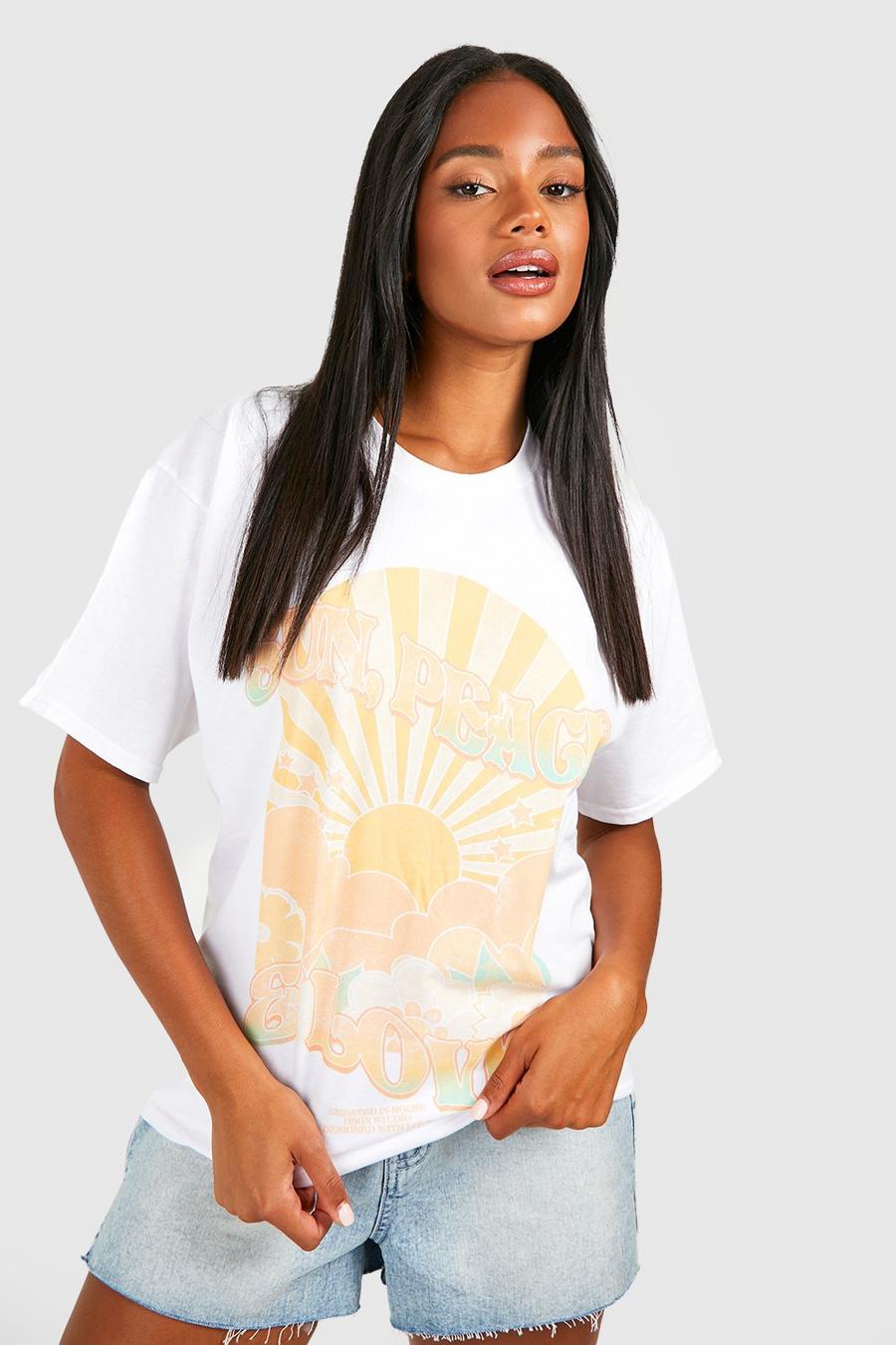 White Sunshine Peace Printed Oversized T-shirt 