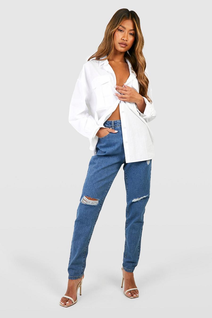 Mid blue Basics High Waisted Ripped Mom Jeans